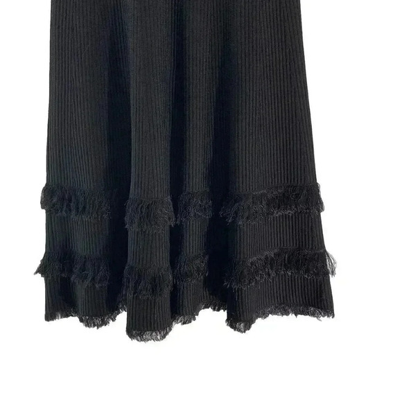Milly Black Short Sleeve Fit & Flare Fringe Detail Ribbed Dress Zip Back Size P - Picture 4 of 11